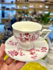 PEMBE ÇİÇEKLİ AYAKLI 2 KİŞİLİK TÜRK KAHVESİ FİNCANI