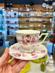 PEMBE ÇİÇEKLİ AYAKLI 2 KİŞİLİK TÜRK KAHVESİ FİNCANI