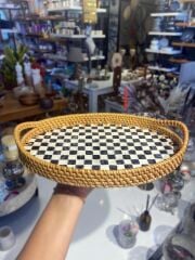 DAMALI OVAL SEDEFLİ RATTAN TEPSİ 33X24CM