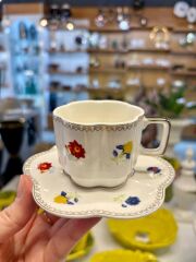 RENKLİ ÇİÇEKLİ AYAKLI 2 KİŞİLİK TÜRK KAHVESİ FİNCANI