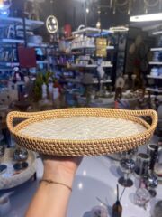 KREM SEDEFLİ OVAL RATTAN TEPSİ 33X24CM