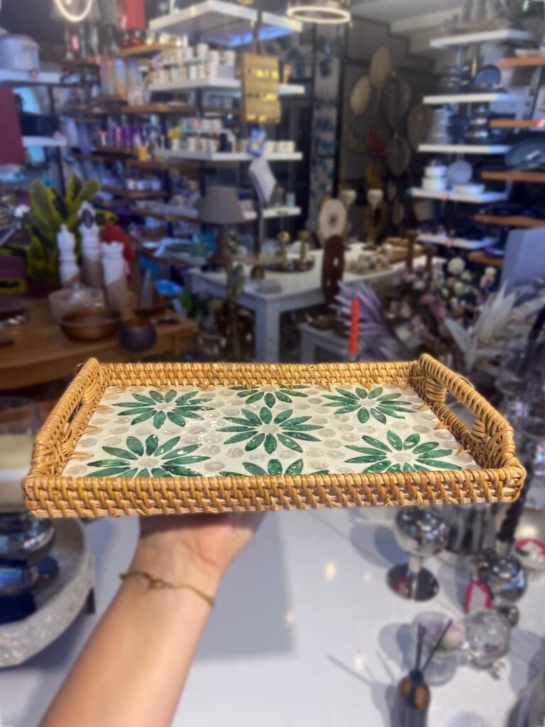 YEŞİL ÇİÇEK DİKDÖRTGEN RATTAN TEPSİ 29X20CM