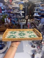 YEŞİL ÇİÇEK DİKDÖRTGEN RATTAN TEPSİ 29X20CM