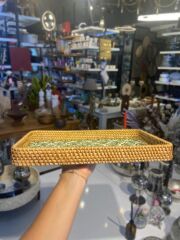 YEŞİL YAPRAK DESEN SEDEFLİ RATTAN TEPSİ 38X24CM