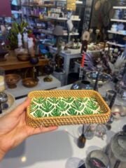 YEŞİL YAPRAK DESEN RATTAN MİNİ TEPSİ 21X12CM