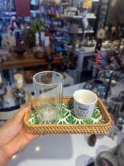 YEŞİL YAPRAK DESEN RATTAN MİNİ TEPSİ 21X12CM