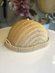 SENTETİK HASIR BEJ OVAL KAPAKLI TEPSİ/SUNUMLUK 40X30X23CM