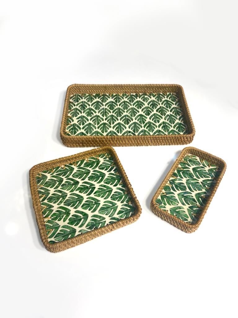 YEŞİL YAPRAK DESEN 3'LÜ RATTAN TEPSİ