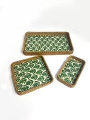 YEŞİL YAPRAK DESEN 3'LÜ RATTAN TEPSİ
