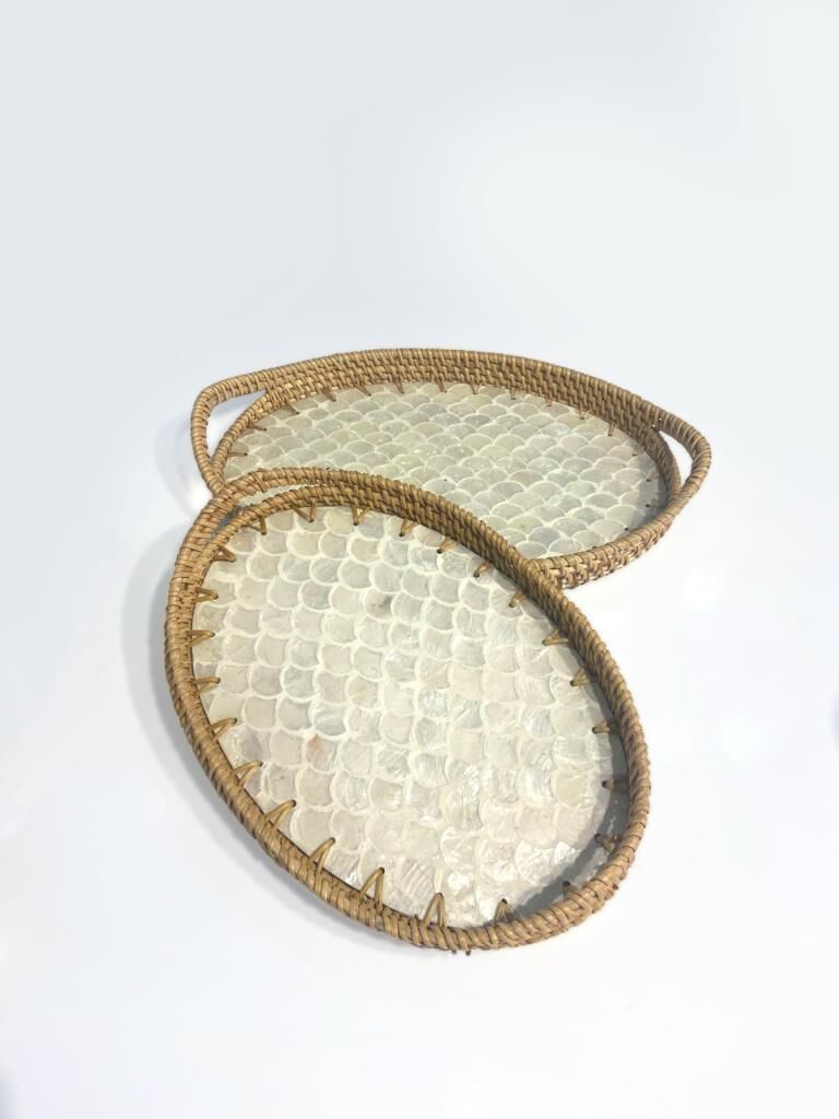 KREM SEDEFLİ OVAL 2'Lİ RATTAN TEPSİ