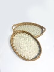 KREM SEDEFLİ OVAL 2'Lİ RATTAN TEPSİ