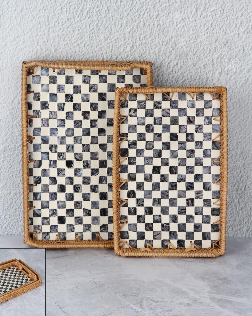 DAMALI DİKDÖRTGEN 2'Lİ RATTAN TEPSİ