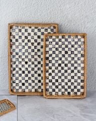 DAMALI DİKDÖRTGEN 2'Lİ RATTAN TEPSİ