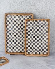 DAMALI DİKDÖRTGEN 2'Lİ RATTAN TEPSİ