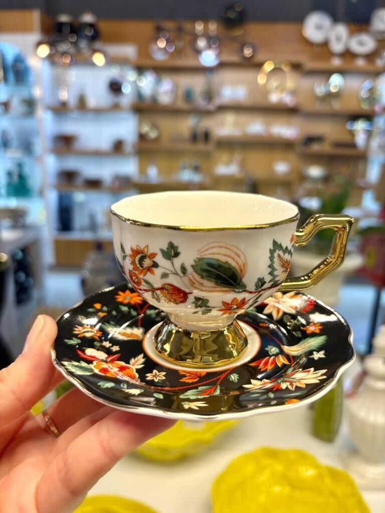 EVAN SİYAH ÇİÇEKLİ 2 KİŞİLİK TÜRK KAHVESİ FİNCANI