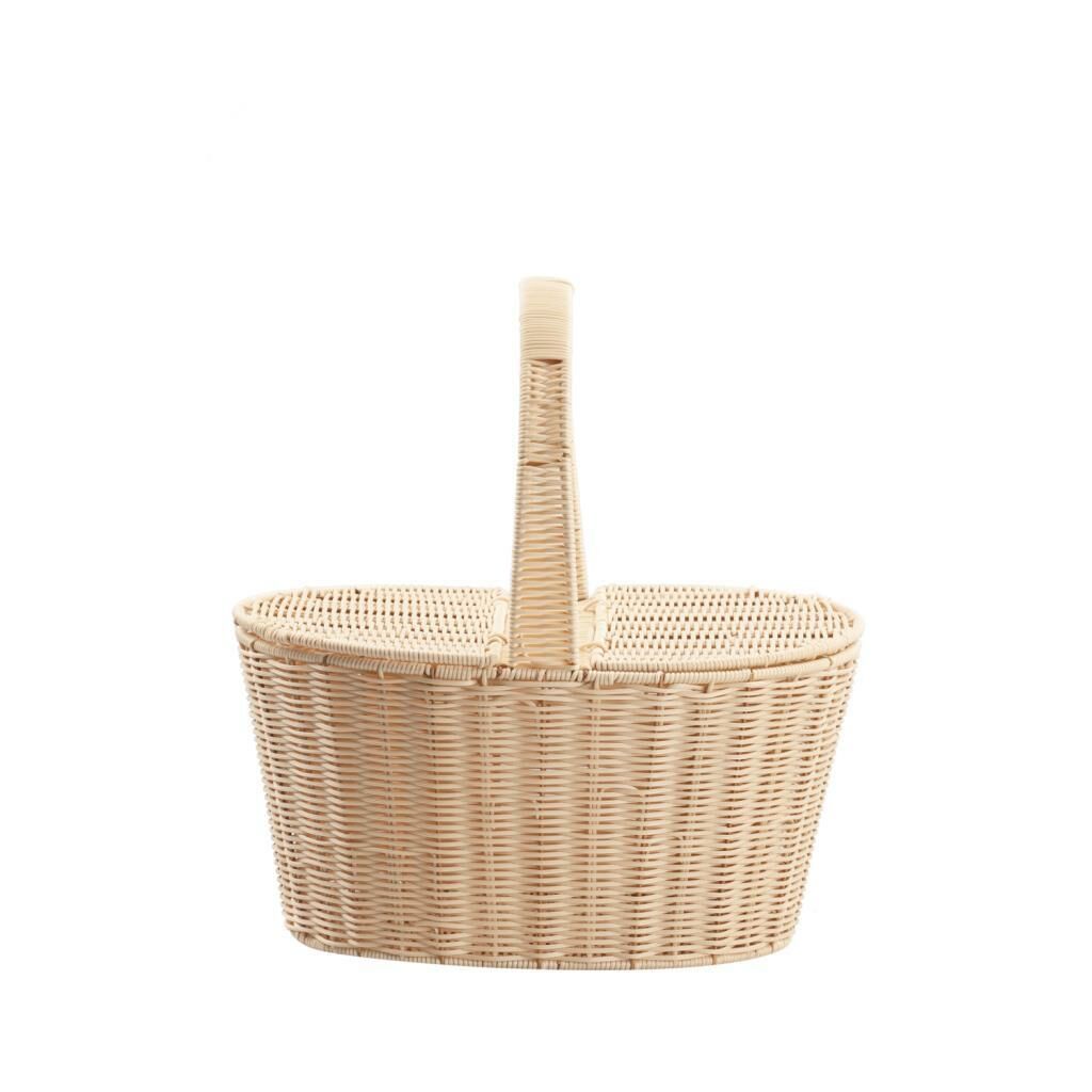 SENTETİK HASIR BEJ OVAL KAPAKLI PİKNİK SEPETİ 42X30X20CM