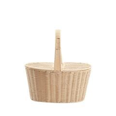 SENTETİK HASIR BEJ OVAL KAPAKLI PİKNİK SEPETİ 42X30X20CM