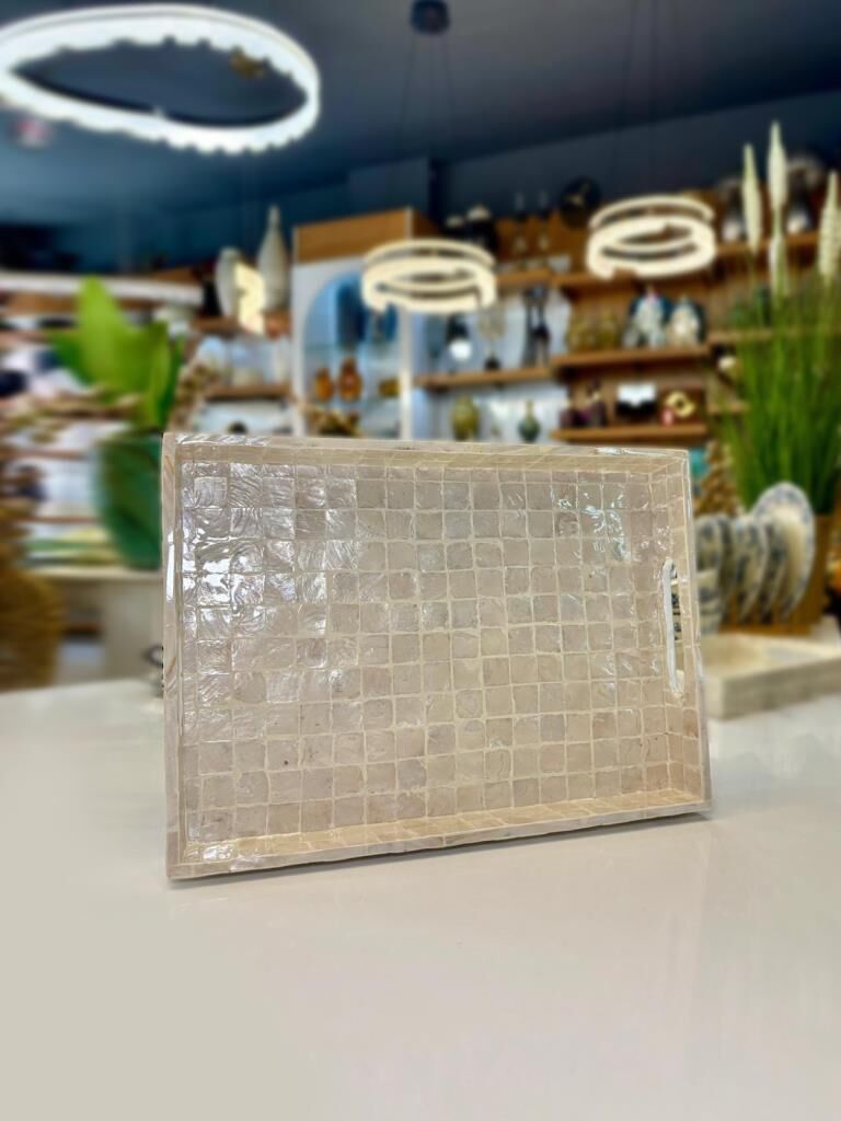 BEJ SEDEFLİ DİKDÖRTGEN TEPSİ 35X25CM