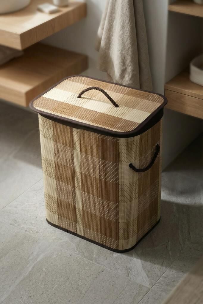 BAMBU DİKDÖRTGEN KATLANABİLİR AÇIK KAHVE ÇAMAŞIR SEPETİ