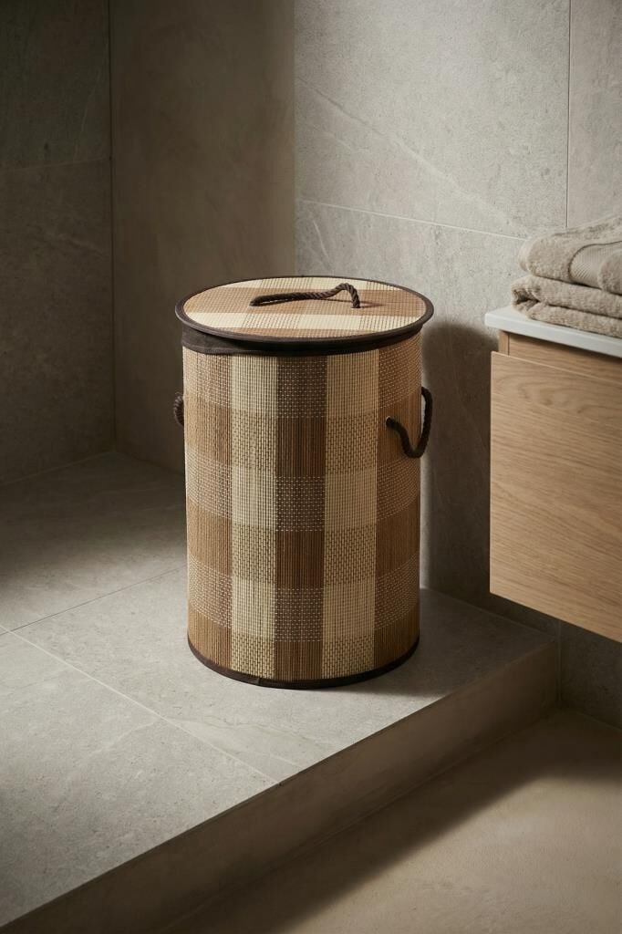 BAMBU YUVARLAK KATLANABİLİR AÇIK KAHVE ÇAMAŞIR SEPETİ