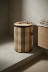 BAMBU YUVARLAK KATLANABİLİR AÇIK KAHVE ÇAMAŞIR SEPETİ