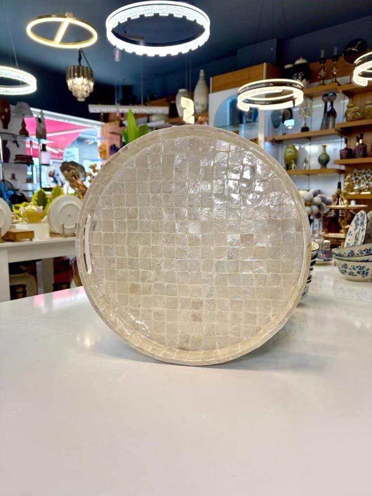 BEJ SEDEFLİ YUVARLAK TEPSİ 35CM