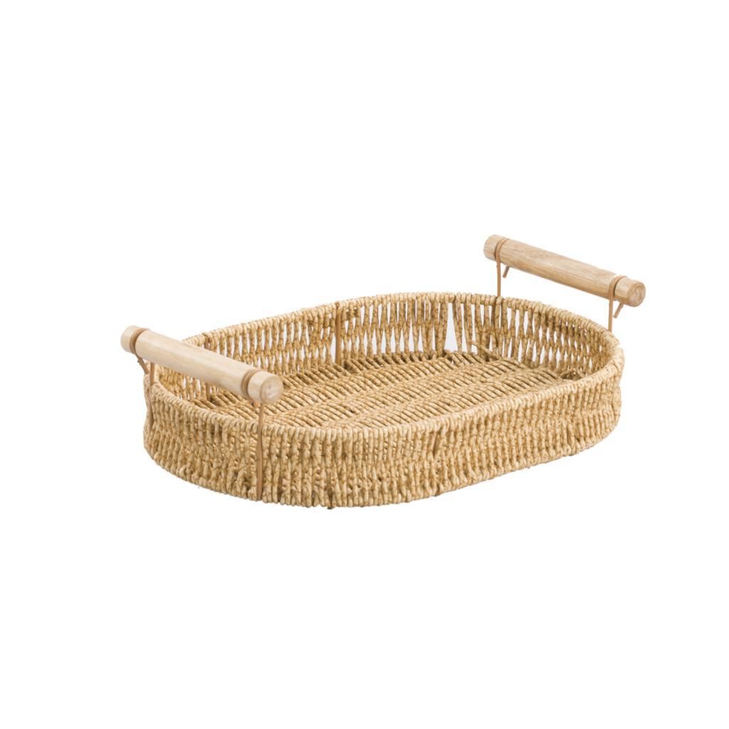SENTETİK HASIR OVAL AHŞAP KULPLU TEPSİ 40CM