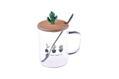 AGİTA - BAMBU KAPAKLI CAM KUPA KAKTÜS DESEN1