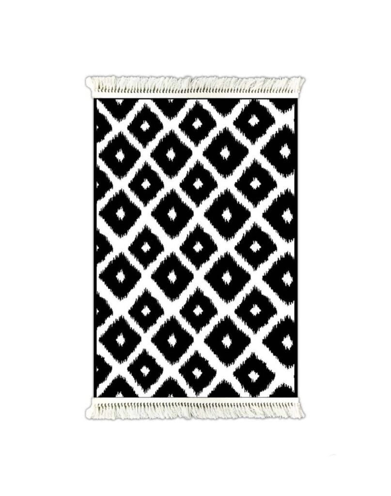 6016 İKAT DESEN SİYAH-BEYAZ KAYDIRMAZ HALI 80x150cm