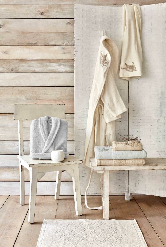 FRONDA SİMLİ NAKIŞLI OFFWHITE-GRİ BORNOZ SETİ