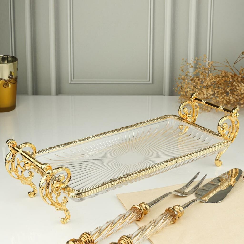 ALTIN DİKDÖRTGEN AYAKLI SUNUM TABAK 37X20CM
